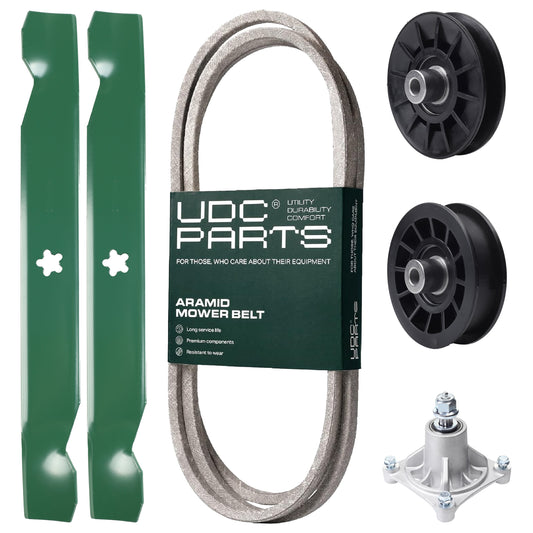 UDC Parts Mower Kit / Belt 194346 + Pulley 532194326 + Pulley 532194327 + Spindle 532174356 + 2 Pack Blades 138497 / Fits Husqvarna LT1597 MOWER PARTS - UDC Parts Mower Kit / Belt 194346 + Pulley 532194326 + Pulley 532194327 + Spindle 532174356 + 2 Pack Blades 138497 / Fits Husqvarna LT1597