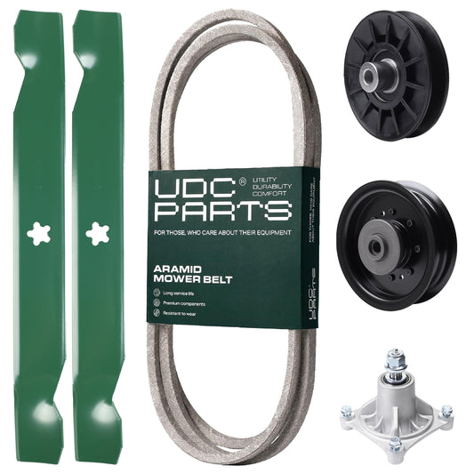 UDC Parts Mower Kit / Belt 138255 + Pulley 532194326 + Pulley 532196104 + Spindle 532174356 + 2 Pack Blades 138497 / Fits Husqvarna LT1597 MOWER PARTS - UDC Parts Mower Kit / Belt 138255 + Pulley 532194326 + Pulley 532196104 + Spindle 532174356 + 2 Pack Blades 138497 / Fits Husqvarna LT1597