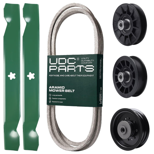 UDC Parts Mower Kit / Belt 138255 + Pulley 532194326 + Pulley 532194327 + Pulley 532196104 + 2 Pack Blades 138497 / Fits Husqvarna LT1597 MOWER PARTS - UDC Parts Mower Kit / Belt 138255 + Pulley 532194326 + Pulley 532194327 + Pulley 532196104 + 2 Pack Blades 138497 / Fits Husqvarna LT1597