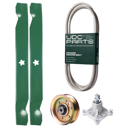 UDC Parts Mower Kit / Belt 140294 + Pulley 173437 + Spindle 532174356 + 2 Pack Blades 138971 / Fits Husqvarna LTH1542 YTH130 MOWER PARTS - UDC Parts Mower Kit / Belt 140294 + Pulley 173437 + Spindle 532174356 + 2 Pack Blades 138971 / Fits Husqvarna LTH1542 YTH130
