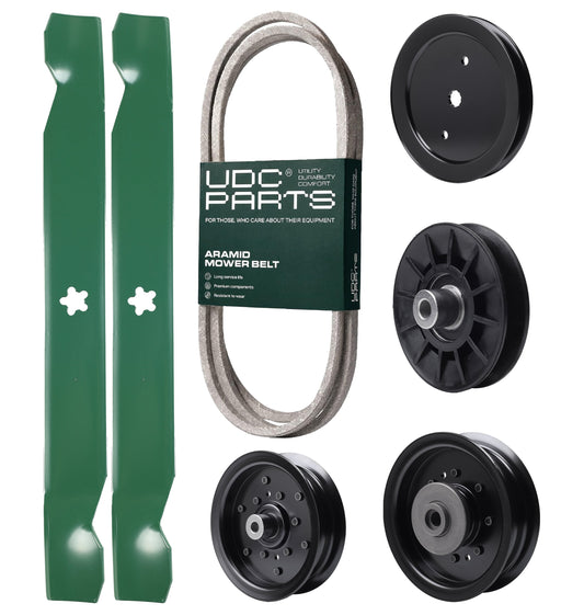 UDC Parts Mower Kit / Belt 130969 + Pulley 195945 + Pulley 532194326 + Pulley 532196104 + Pulley 532196106 + 2 Pack Blades 138971 / Fits Husqvarna YTH23V42 MOWER PARTS - UDC Parts Mower Kit / Belt 130969 + Pulley 195945 + Pulley 532194326 + Pulley 532196104 + Pulley 532196106 + 2 Pack Blades 138971 / Fits Husqvarna YTH23V42