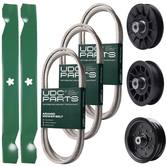 UDC Parts Mower Kit / Belt 138255 + Belt 140218 + Belt 197253 + Pulley 532194326 + Pulley 532196106 + Pulley 532194327 + 2 Pack Blades 138971 / Fits Jonsered LT2217A Bulk Lawn Mower Blades - UDC Parts Mower Kit / Belt 138255 + Belt 140218 + Belt 197253 + Pulley 532194326 + Pulley 532196106 + Pulley 532194327 + 2 Pack Blades 138971 / Fits Jonsered LT2217A
