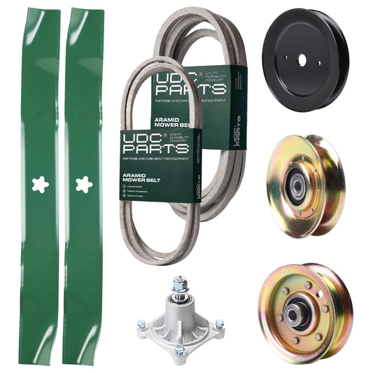 UDC Parts Mower Kit / Belt 140294 + Belt 539109243 + Pulley 127783 + Pulley 129861 + Pulley 173437 + Spindle 532174356 + 2 Pack Blades 134149 / Fits Husqvarna LTH1542 Bulk Lawn Mower Blades - UDC Parts Mower Kit / Belt 140294 + Belt 539109243 + Pulley 127783 + Pulley 129861 + Pulley 173437 + Spindle 532174356 + 2 Pack Blades 134149 / Fits Husqvarna LTH1542