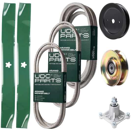 UDC Parts Mower Kit / Belt 140294 + Belt 144959 + Belt 539109243 + Pulley 127783 + Pulley 129861 + Spindle 532174356 + 2 Pack Blades 134149 / Fits Husqvarna LTH1542 Bulk Lawn Mower Blades - UDC Parts Mower Kit / Belt 140294 + Belt 144959 + Belt 539109243 + Pulley 127783 + Pulley 129861 + Spindle 532174356 + 2 Pack Blades 134149 / Fits Husqvarna LTH1542