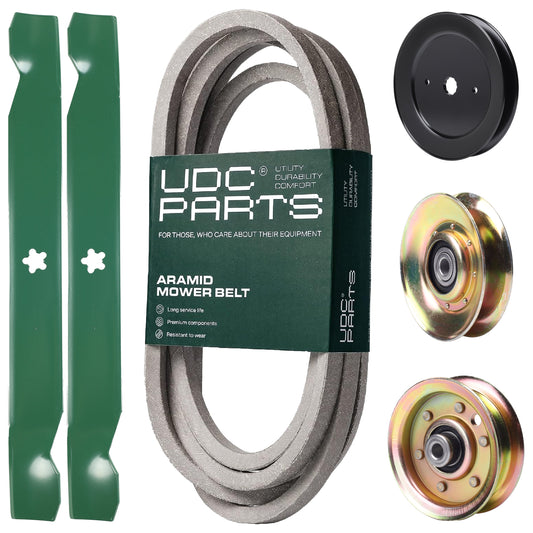 UDC Parts Mower Kit / Belt 539109243 + Pulley 127783 + Pulley 129861 + Pulley 173437 + 2 Pack Blades 138971 / Fits Husqvarna LTH1542 MOWER PARTS - UDC Parts Mower Kit / Belt 539109243 + Pulley 127783 + Pulley 129861 + Pulley 173437 + 2 Pack Blades 138971 / Fits Husqvarna LTH1542