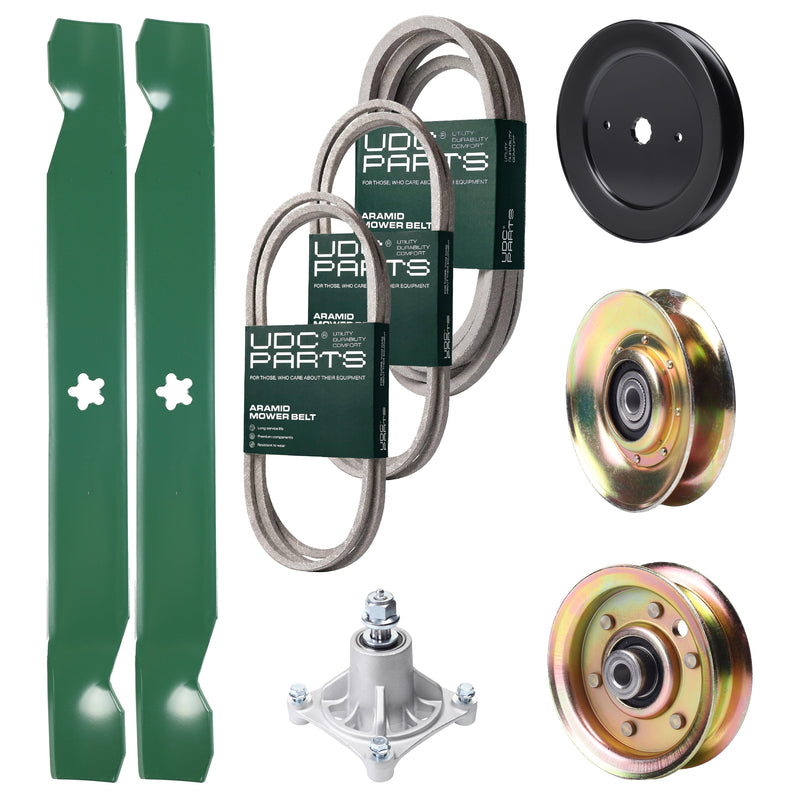UDC Parts Mower Kit / Belt 140294 + Belt 144959 + Belt 539109243 + Pulley 127783 + Pulley 129861 + Pulley 173437 + Spindle 532174356 + 2 Pack Blades 138971 / Fits Husqvarna LTH1542 Bulk Lawn Mower Blades -  UDC Parts Mower Kit / Belt 140294 + Belt 144959 + Belt 539109243 + Pulley 127783 + Pulley 129861 + Pulley 173437 + Spindle 532174356 + 2 Pack Blades 138971 / Fits Husqvarna LTH1542