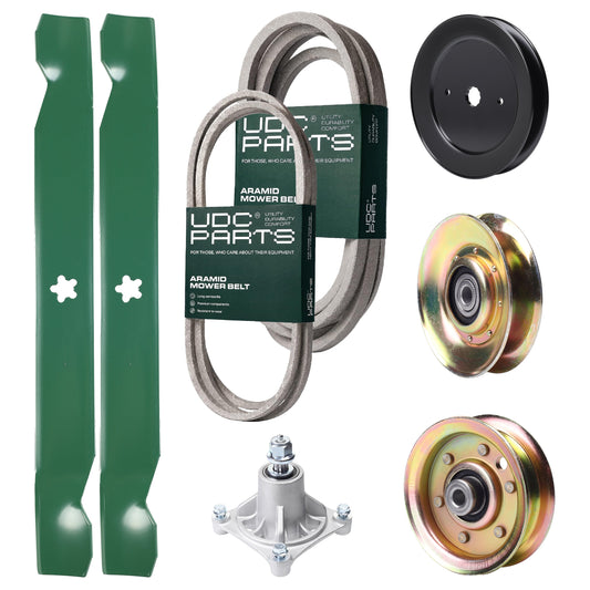 UDC Parts Mower Kit / Belt 140294 + Belt 539109243 + Pulley 127783 + Pulley 129861 + Pulley 173437 + Spindle 532174356 + 2 Pack Blades 138971 / Fits Husqvarna LTH1542 Bulk Lawn Mower Blades - UDC Parts Mower Kit / Belt 140294 + Belt 539109243 + Pulley 127783 + Pulley 129861 + Pulley 173437 + Spindle 532174356 + 2 Pack Blades 138971 / Fits Husqvarna LTH1542