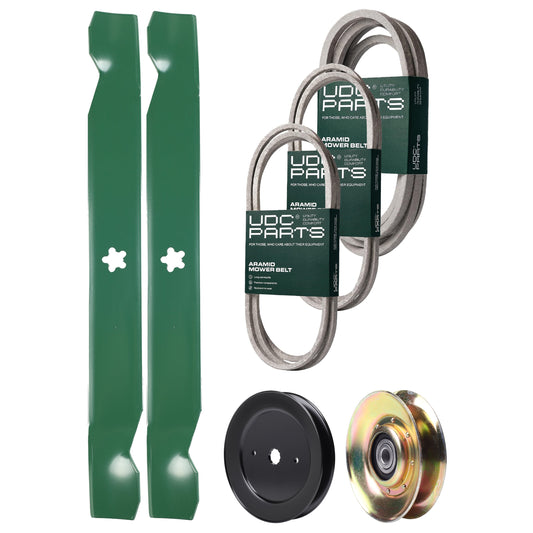 UDC Parts Mower Kit / Belt 140294 + Belt 144959 + Belt 539109243 + Pulley 127783 + Pulley 129861 + 2 Pack Blades 138971 / Fits Husqvarna LTH1542 MOWER PARTS - UDC Parts Mower Kit / Belt 140294 + Belt 144959 + Belt 539109243 + Pulley 127783 + Pulley 129861 + 2 Pack Blades 138971 / Fits Husqvarna LTH1542
