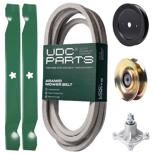 UDC Parts Mower Kit / Belt 539109243 + Pulley 127783 + Pulley 129861 + Spindle 532174356 + 2 Pack Blades 138971 / Fits Husqvarna LTH1542 MOWER PARTS - UDC Parts Mower Kit / Belt 539109243 + Pulley 127783 + Pulley 129861 + Spindle 532174356 + 2 Pack Blades 138971 / Fits Husqvarna LTH1542