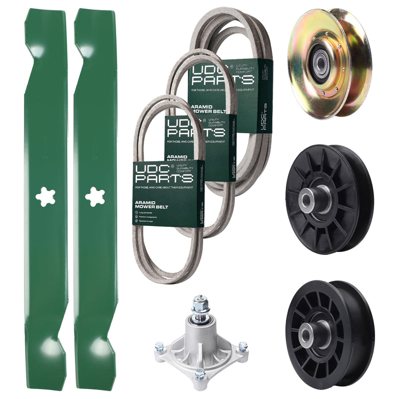 UDC Parts Mower Kit / Belt 138255 + Belt 194346 + Belt 539117245 + Pulley 127783 + Pulley 532194326 + Pulley 532194327 + Spindle 532174356 + 2 Pack Blades 138497 / Fits Husqvarna LT1597 Bulk Lawn Mower Blades -  UDC Parts Mower Kit / Belt 138255 + Belt 194346 + Belt 539117245 + Pulley 127783 + Pulley 532194326 + Pulley 532194327 + Spindle 532174356 + 2 Pack Blades 138497 / Fits Husqvarna LT1597