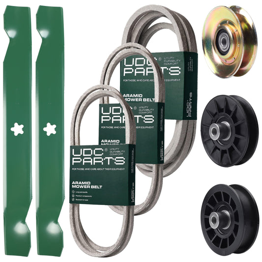 UDC Parts Mower Kit / Belt 138255 + Belt 194346 + Belt 539117245 + Pulley 127783 + Pulley 532194326 + Pulley 532194327 + 2 Pack Blades 138497 / Fits Husqvarna LT1597 Bulk Lawn Mower Blades - UDC Parts Mower Kit / Belt 138255 + Belt 194346 + Belt 539117245 + Pulley 127783 + Pulley 532194326 + Pulley 532194327 + 2 Pack Blades 138497 / Fits Husqvarna LT1597