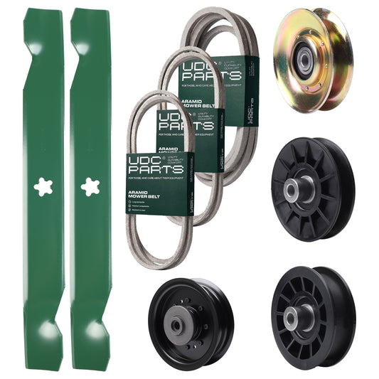 UDC Parts Mower Kit / Belt 138255 + Belt 194346 + Belt 539117245 + Pulley 127783 + Pulley 532194326 + Pulley 532194327 + Pulley 532196104 + 2 Pack Blades 138497 / Fits Husqvarna LT1597 Bulk Lawn Mower Blades -  UDC Parts Mower Kit / Belt 138255 + Belt 194346 + Belt 539117245 + Pulley 127783 + Pulley 532194326 + Pulley 532194327 + Pulley 532196104 + 2 Pack Blades 138497 / Fits Husqvarna LT1597