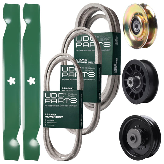 UDC Parts Mower Kit / Belt 138255 + Belt 194346 + Belt 539117245 + Pulley 127783 + Pulley 532194327 + Pulley 532196104 + 2 Pack Blades 138497 / Fits Husqvarna LT1597 MOWER PARTS - UDC Parts Mower Kit / Belt 138255 + Belt 194346 + Belt 539117245 + Pulley 127783 + Pulley 532194327 + Pulley 532196104 + 2 Pack Blades 138497 / Fits Husqvarna LT1597