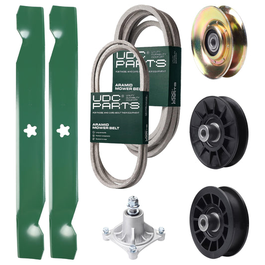 UDC Parts Mower Kit / Belt 194346 + Belt 539117245 + Pulley 127783 + Pulley 532194326 + Pulley 532194327 + Spindle 532174356 + 2 Pack Blades 138497 / Fits Husqvarna LT1597 Bulk Lawn Mower Blades -  UDC Parts Mower Kit / Belt 194346 + Belt 539117245 + Pulley 127783 + Pulley 532194326 + Pulley 532194327 + Spindle 532174356 + 2 Pack Blades 138497 / Fits Husqvarna LT1597