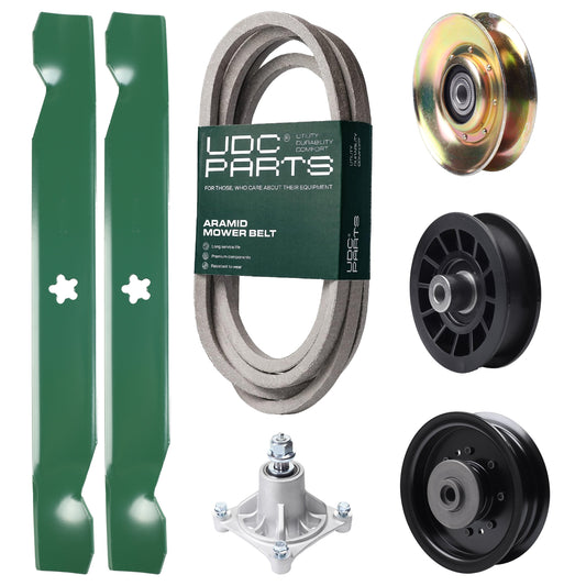 UDC Parts Mower Kit / Belt 539117245 + Pulley 127783 + Pulley 532194327 + Pulley 532196104 + Spindle 532174356 + 2 Pack Blades 138497 / Fits Husqvarna LT1597 MOWER PARTS - UDC Parts Mower Kit / Belt 539117245 + Pulley 127783 + Pulley 532194327 + Pulley 532196104 + Spindle 532174356 + 2 Pack Blades 138497 / Fits Husqvarna LT1597