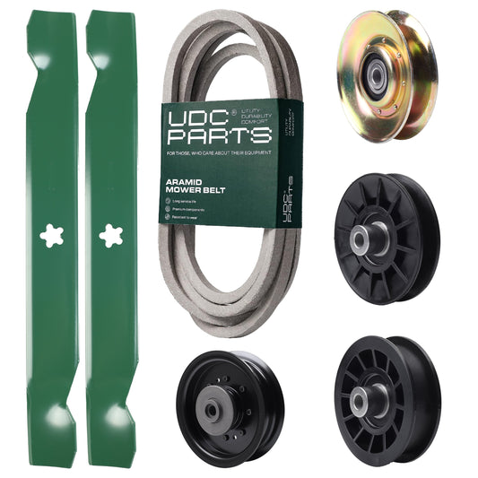 UDC Parts Mower Kit / Belt 539117245 + Pulley 127783 + Pulley 532194326 + Pulley 532194327 + Pulley 532196104 + 2 Pack Blades 138497 / Fits Husqvarna LT1597 MOWER PARTS - UDC Parts Mower Kit / Belt 539117245 + Pulley 127783 + Pulley 532194326 + Pulley 532194327 + Pulley 532196104 + 2 Pack Blades 138497 / Fits Husqvarna LT1597