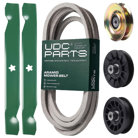 UDC Parts Mower Kit / Belt 539117245 + Pulley 127783 + Pulley 532194326 + Pulley 532194327 + 2 Pack Blades 138497 / Fits Husqvarna LT1597 MOWER PARTS - UDC Parts Mower Kit / Belt 539117245 + Pulley 127783 + Pulley 532194326 + Pulley 532194327 + 2 Pack Blades 138497 / Fits Husqvarna LT1597