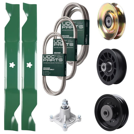 UDC Parts Mower Kit / Belt 138255 + Belt 194346 + Belt 539117245 + Pulley 127783 + Pulley 532194327 + Pulley 532196104 + Spindle 532174356 + 2 Pack Blades 405380 / Fits Husqvarna LT1597 Bulk Lawn Mower Blades -  UDC Parts Mower Kit / Belt 138255 + Belt 194346 + Belt 539117245 + Pulley 127783 + Pulley 532194327 + Pulley 532196104 + Spindle 532174356 + 2 Pack Blades 405380 / Fits Husqvarna LT1597