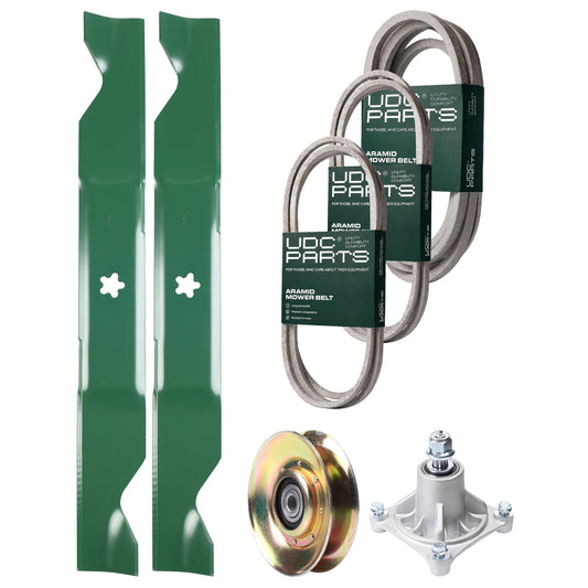 UDC Parts Mower Kit / Belt 138255 + Belt 194346 + Belt 539117245 + Pulley 127783 + Spindle 532174356 + 2 Pack Blades 405380 / Fits Husqvarna LT1597 MOWER PARTS - UDC Parts Mower Kit / Belt 138255 + Belt 194346 + Belt 539117245 + Pulley 127783 + Spindle 532174356 + 2 Pack Blades 405380 / Fits Husqvarna LT1597
