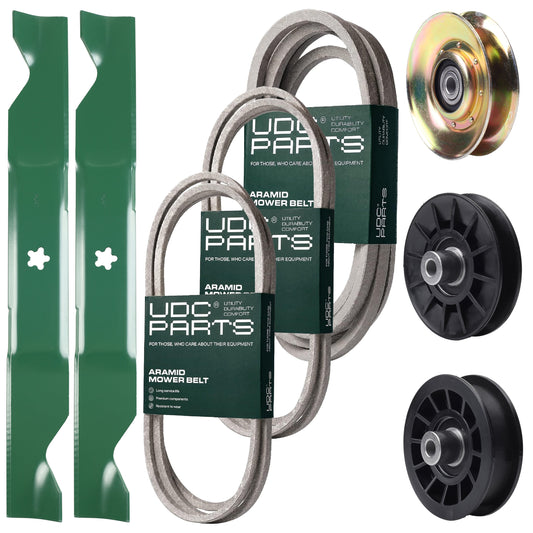 UDC Parts Mower Kit / Belt 138255 + Belt 194346 + Belt 539117245 + Pulley 127783 + Pulley 532194326 + Pulley 532194327 + 2 Pack Blades 405380 / Fits Husqvarna LT1597 Bulk Lawn Mower Blades - UDC Parts Mower Kit / Belt 138255 + Belt 194346 + Belt 539117245 + Pulley 127783 + Pulley 532194326 + Pulley 532194327 + 2 Pack Blades 405380 / Fits Husqvarna LT1597