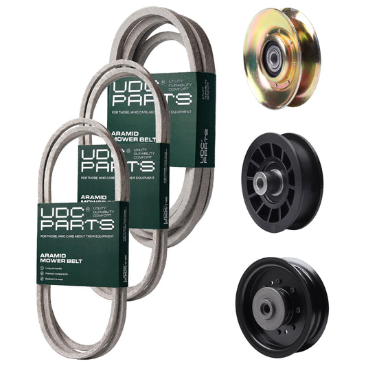 UDC Parts Mower Kit / Belt 138255 + Belt 194346 + Belt 539117245 + Pulley 127783 + Pulley 532194327 + Pulley 532196104 / Fits Husqvarna LT1597 MOWER PARTS - UDC Parts Mower Kit / Belt 138255 + Belt 194346 + Belt 539117245 + Pulley 127783 + Pulley 532194327 + Pulley 532196104 / Fits Husqvarna LT1597