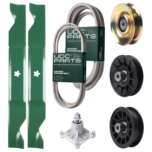 UDC Parts Mower Kit / Belt 138255 + Belt 539117245 + Pulley 127783 + Pulley 532194326 + Pulley 532194327 + Spindle 532174356 + 2 Pack Blades 405380 / Fits Husqvarna LT1597 Bulk Lawn Mower Blades -  UDC Parts Mower Kit / Belt 138255 + Belt 539117245 + Pulley 127783 + Pulley 532194326 + Pulley 532194327 + Spindle 532174356 + 2 Pack Blades 405380 / Fits Husqvarna LT1597