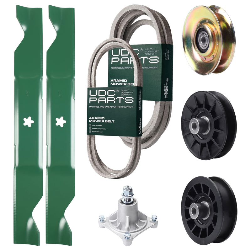 UDC Parts Mower Kit / Belt 194346 + Belt 539117245 + Pulley 127783 + Pulley 532194326 + Pulley 532194327 + Spindle 532174356 + 2 Pack Blades 405380 / Fits Husqvarna LT1597 Bulk Lawn Mower Blades -  UDC Parts Mower Kit / Belt 194346 + Belt 539117245 + Pulley 127783 + Pulley 532194326 + Pulley 532194327 + Spindle 532174356 + 2 Pack Blades 405380 / Fits Husqvarna LT1597