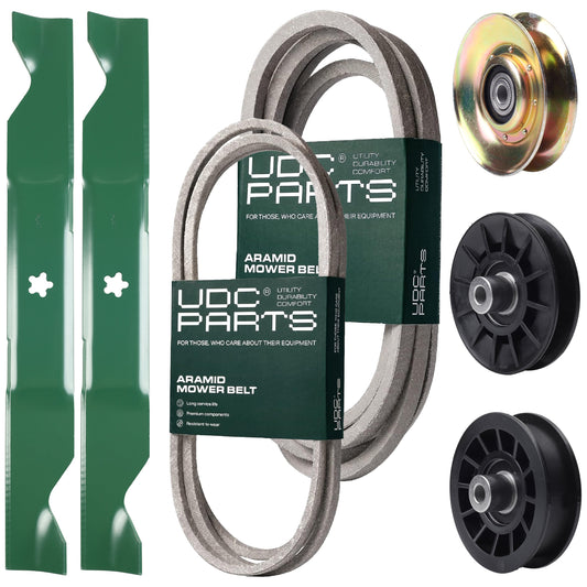 UDC Parts Mower Kit / Belt 194346 + Belt 539117245 + Pulley 127783 + Pulley 532194326 + Pulley 532194327 + 2 Pack Blades 405380 / Fits Husqvarna LT1597 MOWER PARTS - UDC Parts Mower Kit / Belt 194346 + Belt 539117245 + Pulley 127783 + Pulley 532194326 + Pulley 532194327 + 2 Pack Blades 405380 / Fits Husqvarna LT1597