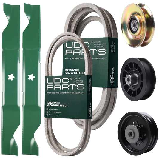 UDC Parts Mower Kit / Belt 138255 + Belt 539117245 + Pulley 127783 + Pulley 532194327 + Pulley 532196104 + 2 Pack Blades 405380 / Fits Husqvarna LT1597 MOWER PARTS - UDC Parts Mower Kit / Belt 138255 + Belt 539117245 + Pulley 127783 + Pulley 532194327 + Pulley 532196104 + 2 Pack Blades 405380 / Fits Husqvarna LT1597