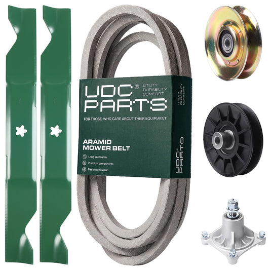 UDC Parts Mower Kit / Belt 539117245 + Pulley 127783 + Pulley 532194326 + Spindle 532174356 + 2 Pack Blades 405380 / Fits Husqvarna LT1597 MOWER PARTS - UDC Parts Mower Kit / Belt 539117245 + Pulley 127783 + Pulley 532194326 + Spindle 532174356 + 2 Pack Blades 405380 / Fits Husqvarna LT1597