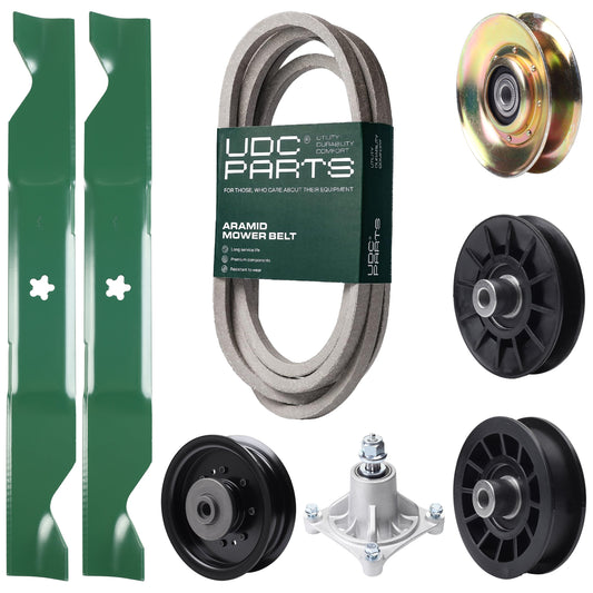 UDC Parts Mower Kit / Belt 539117245 + Pulley 127783 + Pulley 532194326 + Pulley 532194327 + Pulley 532196104 + Spindle 532174356 + 2 Pack Blades 405380 / Fits Husqvarna LT1597 Bulk Lawn Mower Blades -  UDC Parts Mower Kit / Belt 539117245 + Pulley 127783 + Pulley 532194326 + Pulley 532194327 + Pulley 532196104 + Spindle 532174356 + 2 Pack Blades 405380 / Fits Husqvarna LT1597