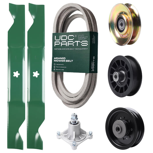 UDC Parts Mower Kit / Belt 539117245 + Pulley 127783 + Pulley 532194327 + Pulley 532196104 + Spindle 532174356 + 2 Pack Blades 405380 / Fits Husqvarna LT1597 MOWER PARTS - UDC Parts Mower Kit / Belt 539117245 + Pulley 127783 + Pulley 532194327 + Pulley 532196104 + Spindle 532174356 + 2 Pack Blades 405380 / Fits Husqvarna LT1597