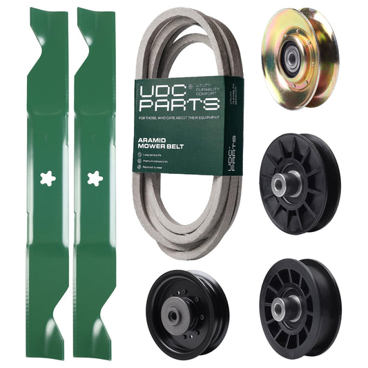 UDC Parts Mower Kit / Belt 539117245 + Pulley 127783 + Pulley 532194326 + Pulley 532194327 + Pulley 532196104 + 2 Pack Blades 405380 / Fits Husqvarna LT1597 MOWER PARTS - UDC Parts Mower Kit / Belt 539117245 + Pulley 127783 + Pulley 532194326 + Pulley 532194327 + Pulley 532196104 + 2 Pack Blades 405380 / Fits Husqvarna LT1597