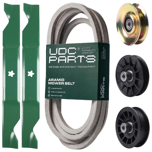 UDC Parts Mower Kit / Belt 539117245 + Pulley 127783 + Pulley 532194326 + Pulley 532194327 + 2 Pack Blades 405380 / Fits Husqvarna LT1597 MOWER PARTS - UDC Parts Mower Kit / Belt 539117245 + Pulley 127783 + Pulley 532194326 + Pulley 532194327 + 2 Pack Blades 405380 / Fits Husqvarna LT1597