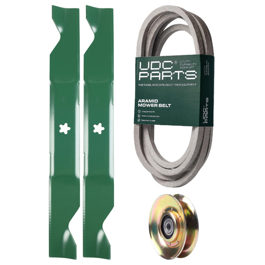 UDC Parts Mower Kit / Belt 539117245 + Pulley 127783 + 2 Pack Blades 405380 / Fits Husqvarna LT1597 MOWER PARTS - UDC Parts Mower Kit / Belt 539117245 + Pulley 127783 + 2 Pack Blades 405380 / Fits Husqvarna LT1597