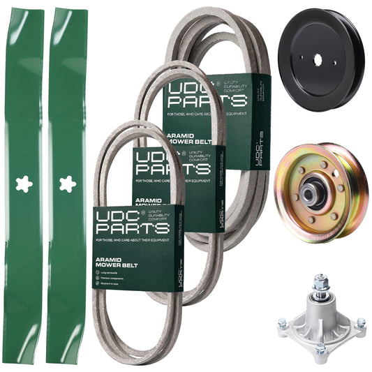 UDC Parts Mower Kit / Belt 144959 + Belt 174883 + Belt 539109243 + Pulley 129861 + Pulley 173437 + Spindle 532174356 + 2 Pack Blades 134149 / Fits Husqvarna LTH1542 Bulk Lawn Mower Blades - UDC Parts Mower Kit / Belt 144959 + Belt 174883 + Belt 539109243 + Pulley 129861 + Pulley 173437 + Spindle 532174356 + 2 Pack Blades 134149 / Fits Husqvarna LTH1542