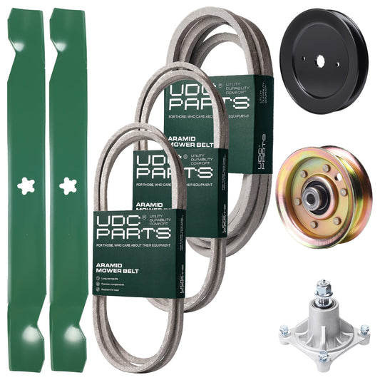 UDC Parts Mower Kit / Belt 144959 + Belt 174883 + Belt 539109243 + Pulley 129861 + Pulley 173437 + Spindle 532174356 + 2 Pack Blades 138971 / Fits Husqvarna LTH1542 Bulk Lawn Mower Blades - UDC Parts Mower Kit / Belt 144959 + Belt 174883 + Belt 539109243 + Pulley 129861 + Pulley 173437 + Spindle 532174356 + 2 Pack Blades 138971 / Fits Husqvarna LTH1542