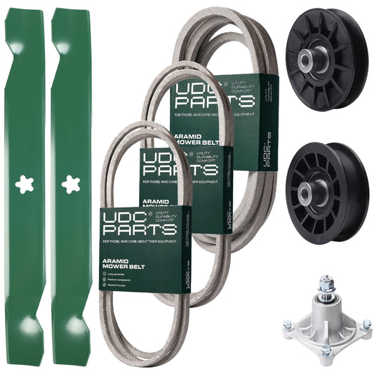 UDC Parts Mower Kit / Belt 138255 + Belt 194346 + Belt 539117245 + Pulley 532194326 + Pulley 532194327 + Spindle 532174356 + 2 Pack Blades 138497 / Fits Husqvarna LT1597 Bulk Lawn Mower Blades -  UDC Parts Mower Kit / Belt 138255 + Belt 194346 + Belt 539117245 + Pulley 532194326 + Pulley 532194327 + Spindle 532174356 + 2 Pack Blades 138497 / Fits Husqvarna LT1597