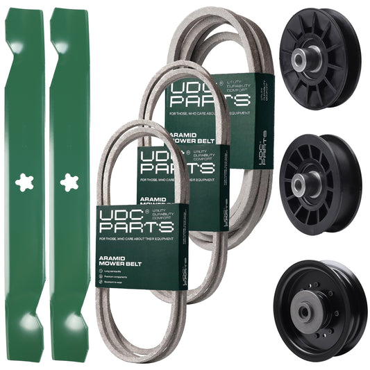UDC Parts Mower Kit / Belt 138255 + Belt 194346 + Belt 539117245 + Pulley 532194326 + Pulley 532194327 + Pulley 532196104 + 2 Pack Blades 138497 / Fits Husqvarna LT1597 MOWER PARTS - UDC Parts Mower Kit / Belt 138255 + Belt 194346 + Belt 539117245 + Pulley 532194326 + Pulley 532194327 + Pulley 532196104 + 2 Pack Blades 138497 / Fits Husqvarna LT1597