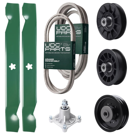 UDC Parts Mower Kit / Belt 194346 + Belt 539117245 + Pulley 532194326 + Pulley 532194327 + Pulley 532196104 + Spindle 532174356 + 2 Pack Blades 138497 / Fits Husqvarna LT1597 Bulk Lawn Mower Blades -  UDC Parts Mower Kit / Belt 194346 + Belt 539117245 + Pulley 532194326 + Pulley 532194327 + Pulley 532196104 + Spindle 532174356 + 2 Pack Blades 138497 / Fits Husqvarna LT1597