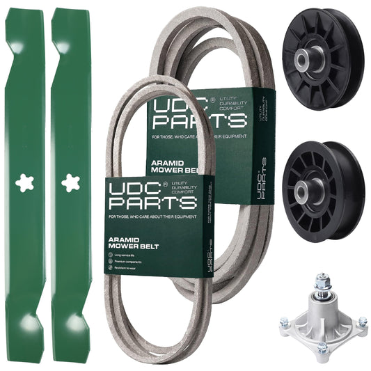 UDC Parts Mower Kit / Belt 138255 + Belt 539117245 + Pulley 532194326 + Pulley 532194327 + Spindle 532174356 + 2 Pack Blades 138497 / Fits Husqvarna LT1597 MOWER PARTS - UDC Parts Mower Kit / Belt 138255 + Belt 539117245 + Pulley 532194326 + Pulley 532194327 + Spindle 532174356 + 2 Pack Blades 138497 / Fits Husqvarna LT1597