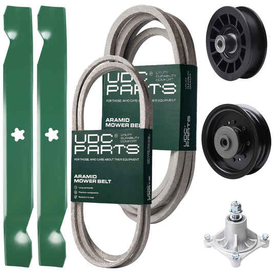 UDC Parts Mower Kit / Belt 194346 + Belt 539117245 + Pulley 532194327 + Pulley 532196104 + Spindle 532174356 + 2 Pack Blades 138497 / Fits Husqvarna LT1597 MOWER PARTS - UDC Parts Mower Kit / Belt 194346 + Belt 539117245 + Pulley 532194327 + Pulley 532196104 + Spindle 532174356 + 2 Pack Blades 138497 / Fits Husqvarna LT1597