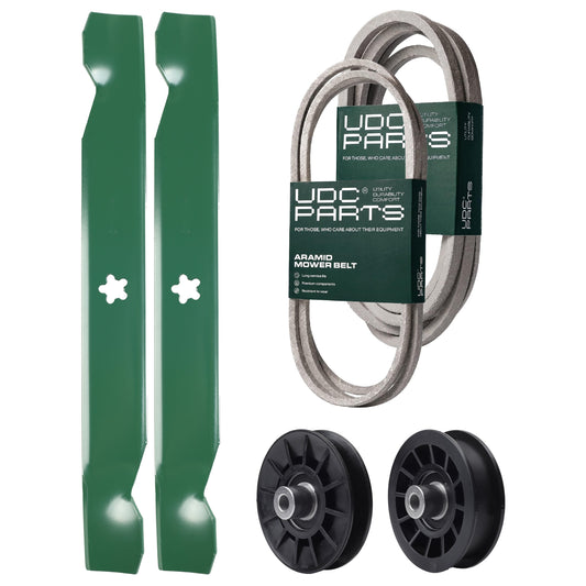 UDC Parts Mower Kit / Belt 138255 + Belt 539117245 + Pulley 532194326 + Pulley 532194327 + 2 Pack Blades 138497 / Fits Husqvarna LT1597 MOWER PARTS - UDC Parts Mower Kit / Belt 138255 + Belt 539117245 + Pulley 532194326 + Pulley 532194327 + 2 Pack Blades 138497 / Fits Husqvarna LT1597