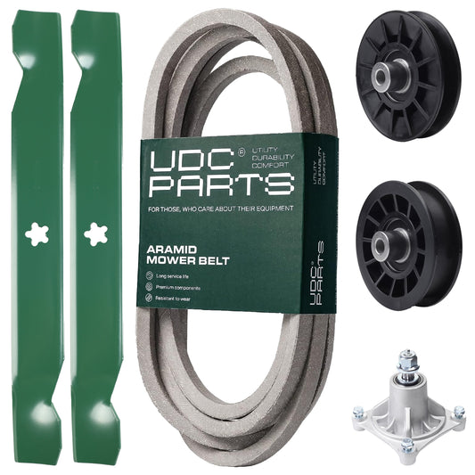 UDC Parts Mower Kit / Belt 539117245 + Pulley 532194326 + Pulley 532194327 + Spindle 532174356 + 2 Pack Blades 138497 / Fits Husqvarna LT1597 MOWER PARTS - UDC Parts Mower Kit / Belt 539117245 + Pulley 532194326 + Pulley 532194327 + Spindle 532174356 + 2 Pack Blades 138497 / Fits Husqvarna LT1597