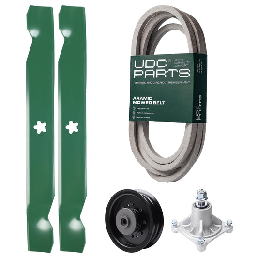 UDC Parts Mower Kit / Belt 539117245 + Pulley 532196104 + Spindle 532174356 + 2 Pack Blades 138497 / Fits Husqvarna LT1597 MOWER PARTS - UDC Parts Mower Kit / Belt 539117245 + Pulley 532196104 + Spindle 532174356 + 2 Pack Blades 138497 / Fits Husqvarna LT1597
