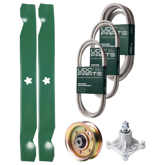 UDC Parts Mower Kit / Belt 140294 + Belt 174883 + Belt 539109243 + Pulley 173437 + Spindle 532174356 + 2 Pack Blades 138971 / Fits Husqvarna LTH1542 MOWER PARTS - UDC Parts Mower Kit / Belt 140294 + Belt 174883 + Belt 539109243 + Pulley 173437 + Spindle 532174356 + 2 Pack Blades 138971 / Fits Husqvarna LTH1542