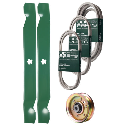 UDC Parts Mower Kit / Belt 140294 + Belt 174883 + Belt 539109243 + Pulley 173437 + 2 Pack Blades 138971 / Fits Husqvarna LTH1542 MOWER PARTS - UDC Parts Mower Kit / Belt 140294 + Belt 174883 + Belt 539109243 + Pulley 173437 + 2 Pack Blades 138971 / Fits Husqvarna LTH1542