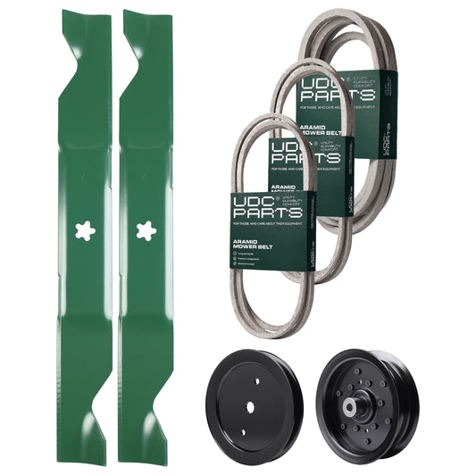 UDC Parts Mower Kit / Belt 197242 + Belt 197253 + Belt 405143 + Pulley 195945 + Pulley 532196106 + 2 Pack Blades 405380 / Fits Jonsered LT2223A2 MOWER PARTS - UDC Parts Mower Kit / Belt 197242 + Belt 197253 + Belt 405143 + Pulley 195945 + Pulley 532196106 + 2 Pack Blades 405380 / Fits Jonsered LT2223A2