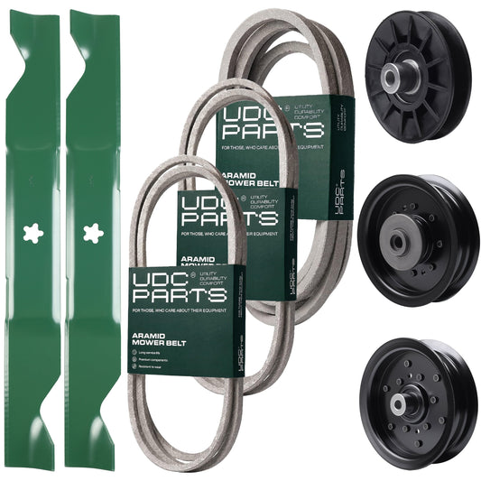 UDC Parts Mower Kit / Belt 140218 + Belt 197242 + Belt 405143 + Pulley 532194326 + Pulley 532196104 + Pulley 532196106 + 2 Pack Blades 405380 / Fits Husqvarna YTH220 Twin Bulk Lawn Mower Blades - UDC Parts Mower Kit / Belt 140218 + Belt 197242 + Belt 405143 + Pulley 532194326 + Pulley 532196104 + Pulley 532196106 + 2 Pack Blades 405380 / Fits Husqvarna YTH220 Twin