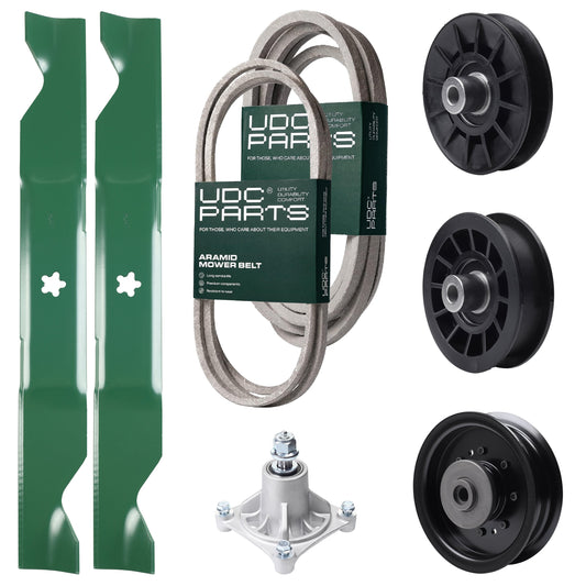 UDC Parts Mower Kit / Belt 138255 + Belt 539117245 + Pulley 532194326 + Pulley 532194327 + Pulley 532196104 + Spindle 532174356 + 2 Pack Blades 405380 / Fits Husqvarna LT1597 Bulk Lawn Mower Blades - UDC Parts Mower Kit / Belt 138255 + Belt 539117245 + Pulley 532194326 + Pulley 532194327 + Pulley 532196104 + Spindle 532174356 + 2 Pack Blades 405380 / Fits Husqvarna LT1597